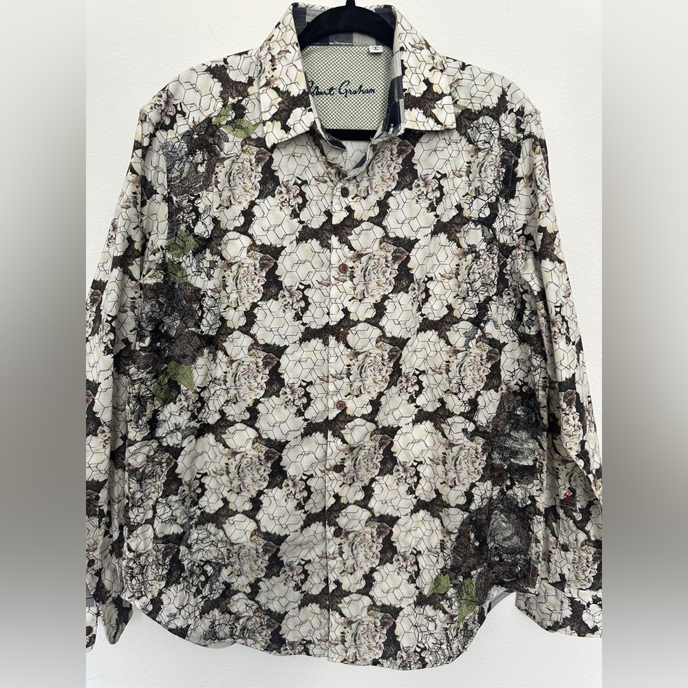 Robert Graham Button Down White Floral embroidered French Cuff large black green - Picture 3 of 13